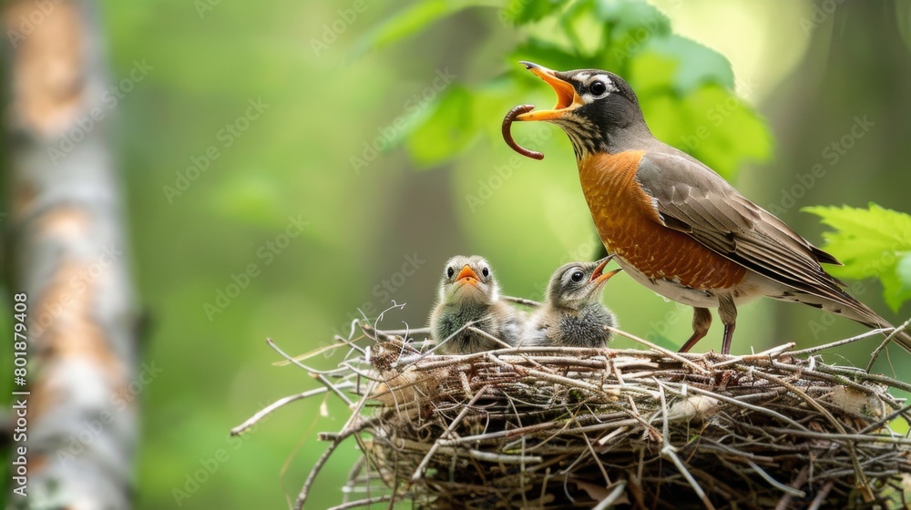 Poster a robin perched on the edge of its nest, tenderly feeding a worm to its chirping chicks with outstre