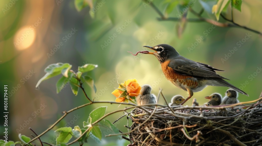 Poster a robin perched on the edge of its nest, tenderly feeding a worm to its chirping chicks with outstre