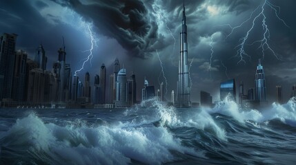 Dramatic lightning storm over modern cityscape Dubai Rain Floods