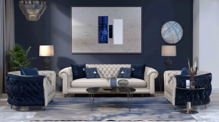 Chic and stylish living room setup perfect for a young individual, featuring navy blue decor and sophisticated furnishings paired with lighter shades