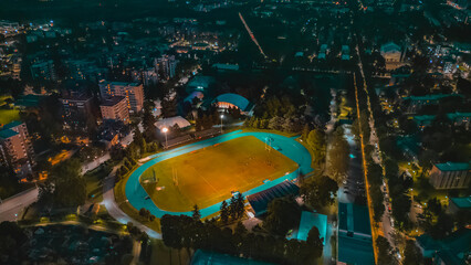 Stadium in the evening view from a drone