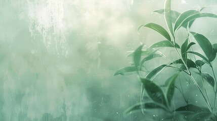 Only a small part of a plant is visible behind the frosted glass, Ink painting, Central composition, future minimalism, in the style of soft and dreamy depictions