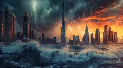 Apocalyptic cityscape with lightning and tsunami Dubai Rain Floods - obrazy, fototapety, plakaty