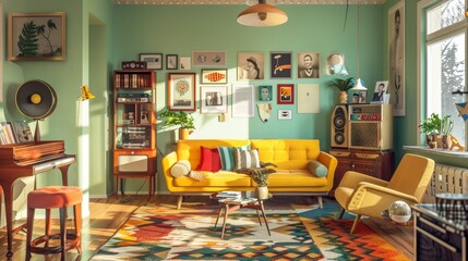 Charming vintage-style living space with nods to the 1960s, showcasing period-specific furniture and retro color palettes for a youthful vibe