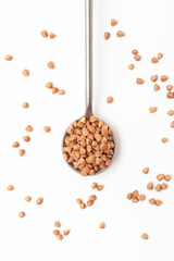 Dry, brown buckwheat grains in iron spoon on white background