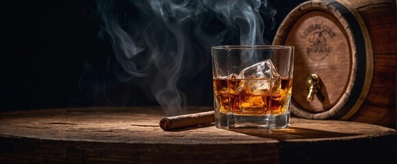 Glass of whiskey with ice, on a wooden table
