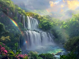 Capture the scale and power of the waterfall, with the vibrant rainbow adding a touch of magic.
