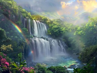 Fototapeta premium Capture the scale and power of the waterfall, with the vibrant rainbow adding a touch of magic.