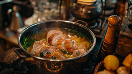 A rustic kitchen scene with a pot of simmering broth filled with slices of triple-layer pork belly and vegetables.