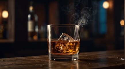 Glass of whiskey with ice, on a wooden table
