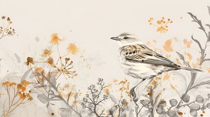 Detailed botanical illustration style,minimalist bird, on off-white background,dark white and light amber, detailed botanical study, detailed linework, delicately rendered landscape, intricate flower 