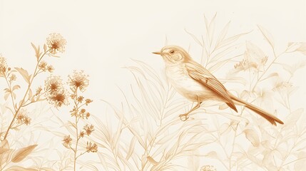 Detailed botanical illustration style,minimalist bird, on off-white background,dark white and light amber, detailed botanical study, detailed linework, delicately rendered landscape, intricate flower 