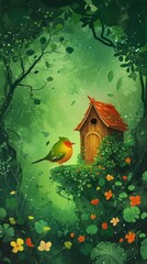 Enchanting birdhouse illustration in a magical forest setting, ideal for fantasy themes, children's books, and springtime designs.