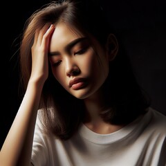 Fototapeta premium A young asian woman portrait having a headache, with the rim light. The background is black