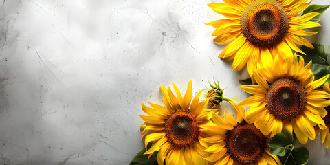 top view sunflowers on white grunge background with copy space