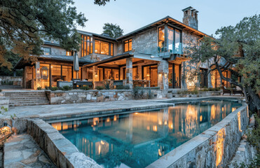 A large pool and house in San Antonio, Texas with a light blue roof. The home is an old stone ranch-style two-story building that has multiple windows and doors on the first floor.