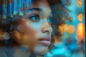 A close-up shot of a fashion store's show window display, with the reflection of a young adult looking at the display, using a polarizing filter to reduce glare and enhance the reflection.