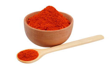 Red chili powder in both a wooden bowl and a wooden spoon Isolated Transparent