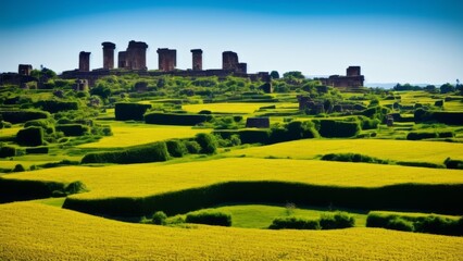 Emerald fields in front of the majestic walls of the ancient city. A picture of natural beauty and historical grandeur. Creative, AI Generated