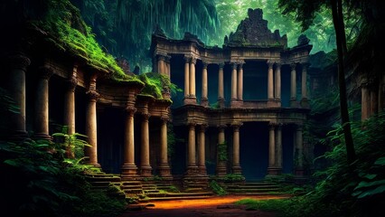 Mysterious ruins of an ancient city lost in the jungle. An image of mystery and historical value. Creative, AI Generated - obrazy, fototapety, plakaty