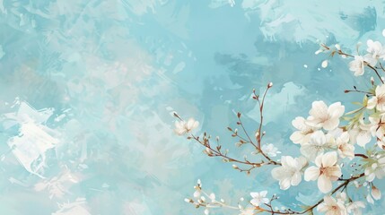 A delicate watercolor illustration of a dainty white cherry blossom tree against a soft blue sky.. - obrazy, fototapety, plakaty