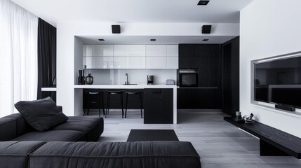 A sleek mini-modern living space with a monochromatic color scheme, clean lines, and a minimalist aesthetic.