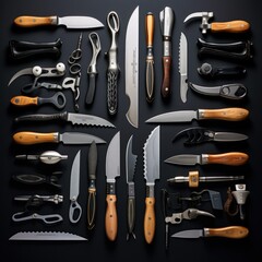 A collection of knives and a pair of scissors are displayed on a table