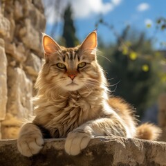 Obraz premium A gray tabby cat sits on a stone wall, looking out at a garden.