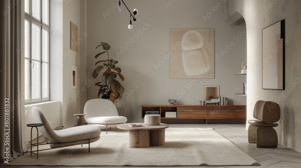Poster a stylish minimalist sitting room with a scandinavian-inspired design, showcasing simplicity, functi