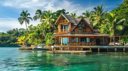 a large luxury villa in Fiji. Tropical, small boat ramp, bar, palm trees, boat