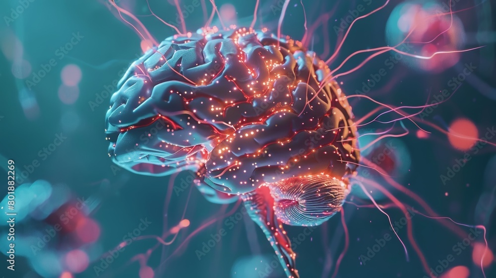 Poster a holographic representation of a brain with highlighted areas showing the effects of a neurological