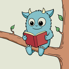 A cute little monster hanging from a tree branch with its tail around the branch; reading a book