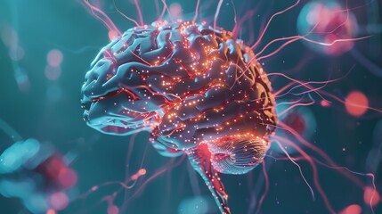 Obraz premium A holographic representation of a brain with highlighted areas showing the effects of a neurological health implant on different regions..