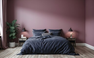 Empty-painted peri lavender soft purple wall. Dark grey color bedding furniture and blank background.Bedroom interior trend 2024 year Modern luxury apricot room interior home designs.