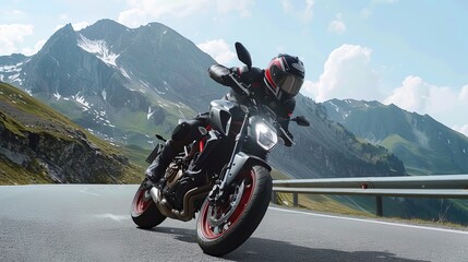A realistic picture of a motorcyclist on a mountain road with black and red details that faces the camera