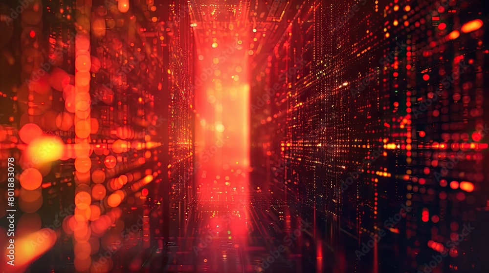 Fototapete red glowing data center abstract background with digital particles and light rays