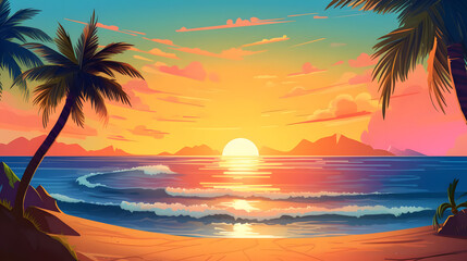 Sun Kissed Shoreline, Vibrant Beachscape in Summer, Realistic Beach Landscape. Vector Background