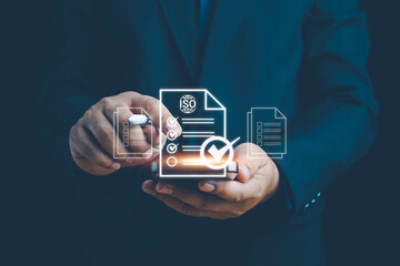 ISO standards quality control, assurance and warranty business technology concept. Touching on screen with ISO and globe icons on smart background. ISO Standard certification. Modern ISO banner