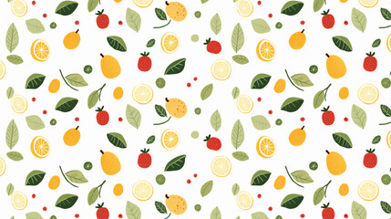 A seamless pattern of lemons, strawberries, and leaves.