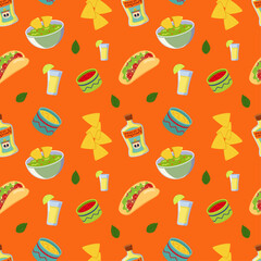 mexican food seamless pattern with guacamole, sauce salsa, cheese sauce, tequila, nachos, tacos