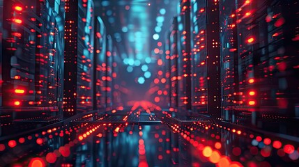 Abstract futuristic data center with glowing red lights and dark blue background.