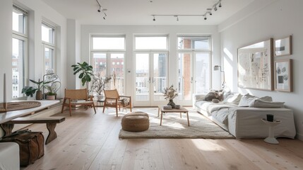 Fototapeta premium Airy Scandinavian interior with light wood flooring, white walls, and plush furnishings, enhanced by natural light, creating a welcoming space