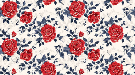 Naklejka premium A seamless pattern of red roses and blue leaves on a light background.