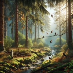 A beautiful real forest and birds in it.
