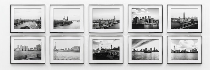 A series of black and white photographs capturing urban landscapes, framed in sleek metal frames and arranged in a grid formation on a white wall for a modern gallery feel