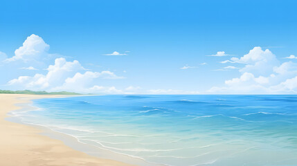 Coastal Serenity, Sandy Beach under Clear Blue Skies, Realistic Beach Landscape. Vector Background