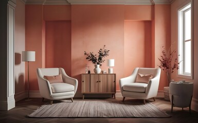 Empty-painted Peach fuzz wall.Painted mockup wall for art - peachy apricot salmon pastel color and blank background. mockup living room design. 3d render