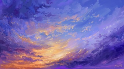 A tranquil twilight scene with wisps of clouds painted in shades of purple and gold against a deepening blue sky.