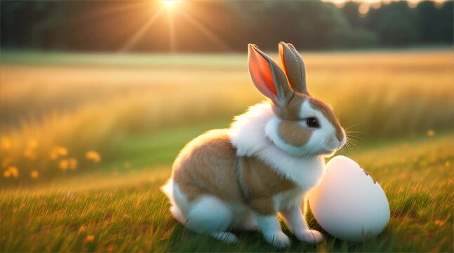 Adorable white bunny with fluffy ears hopping in the garden. Playful bunny celebrates Easter with colorful eggs in a charming spring illustration