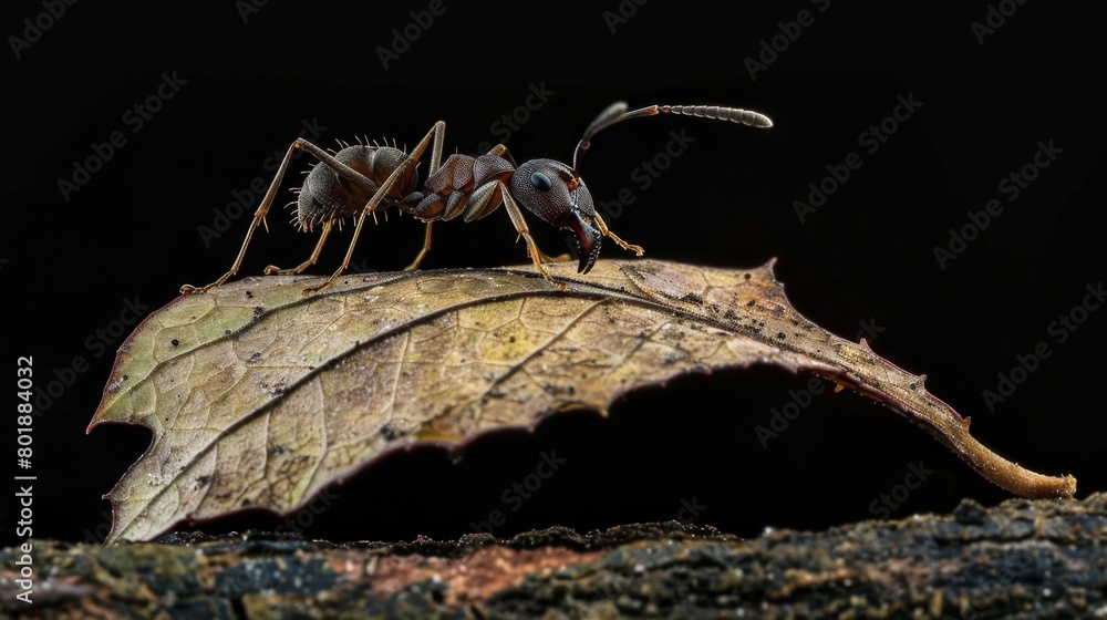 Poster A worker ant carrying a leaf fragment many times its size, showcasing the strength and determination of these tiny creatures.